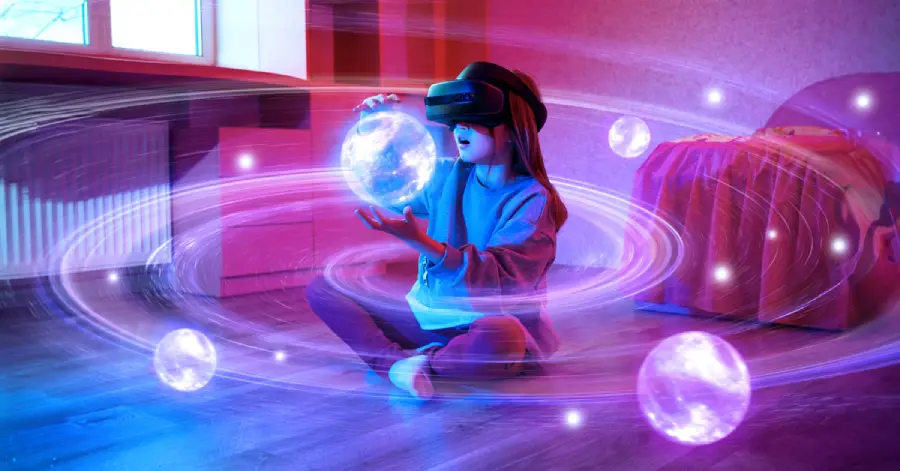 A girl, fully immersed in VR in education, watching planets zoom by in a VR headset. 
