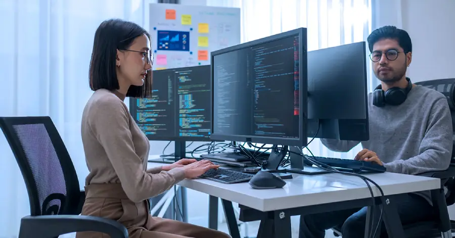 An Asian woman and man developer team working on programming software data online at a cloud migration service provider office.