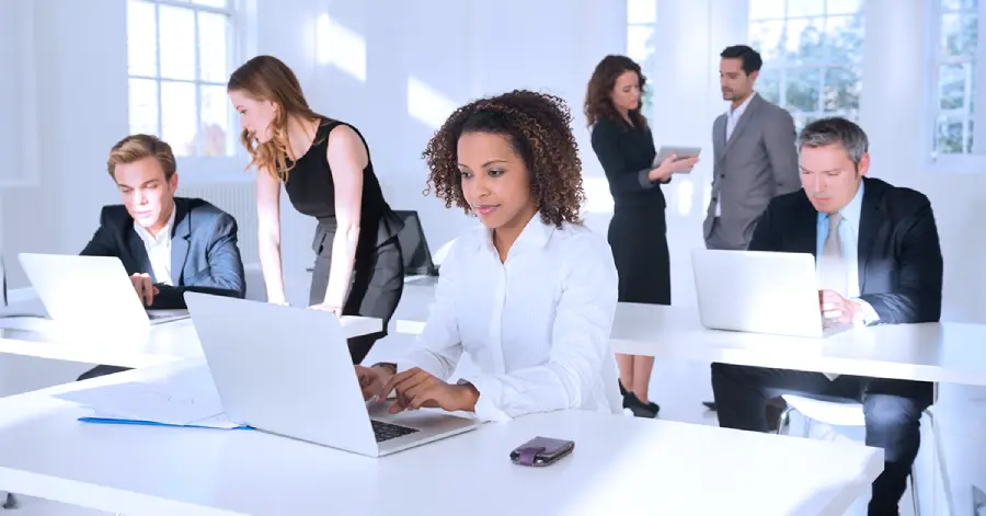 Corporate professionals learning through their laptops, sitting on their desks inside an official premises.