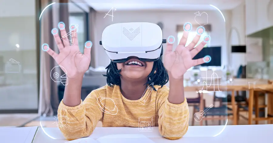  A child wearing a yellow colored t-shirt learning about outsourcing learning content development through a VR.