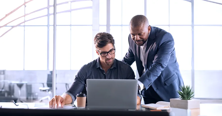 Two professionals collaborating in a modern office setting, with one man seated at a desk, working on a laptop, and the other standing beside him, pointing at the screen.